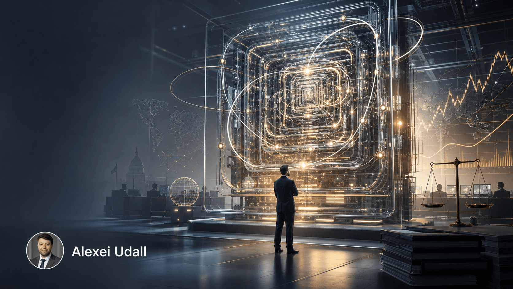 Editorial artwork about recursive self-improvement and AI governance