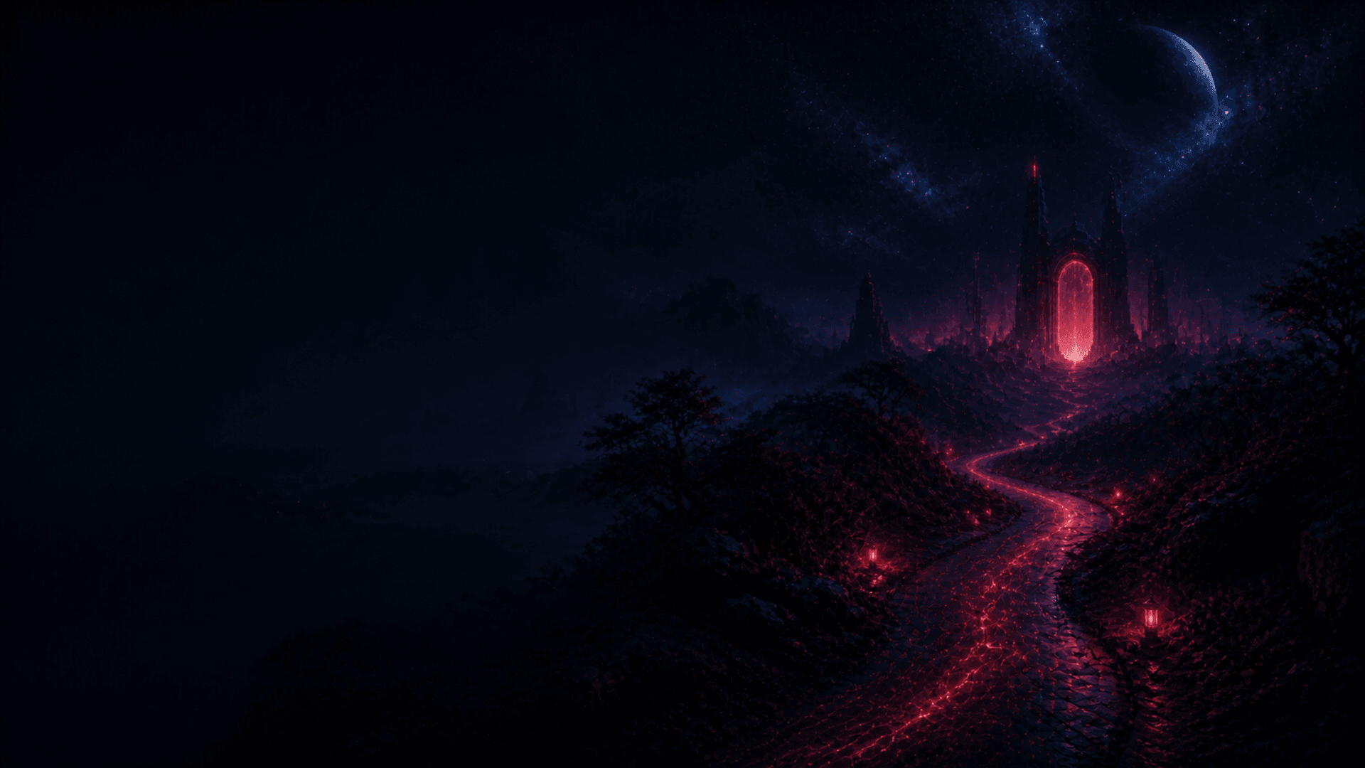 A crimson-lit path leading towards a distant portal under a night sky
