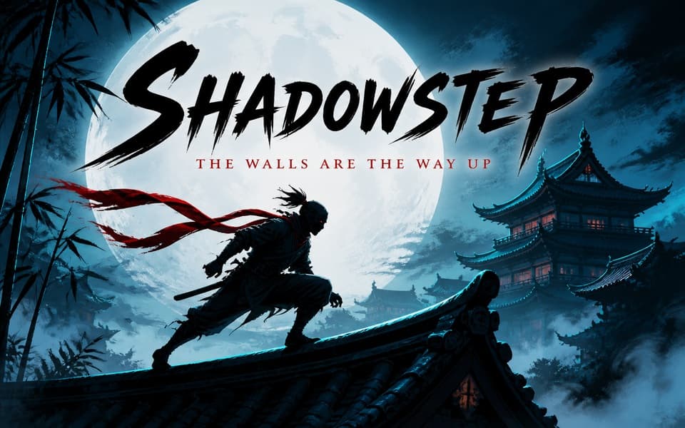 Shadowstep game cover showing a ninja running across rooftops under a full moon